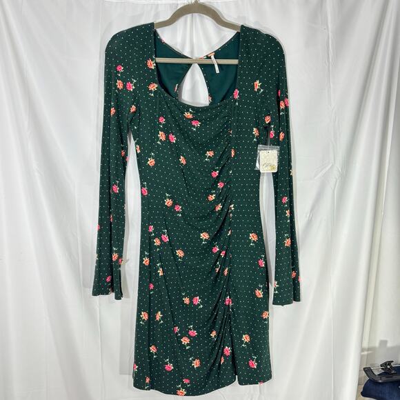 NWT Free People “Celia” Mini Dress green Dot & Floral Print,Bell Sleeves, XS - Picture 2 of 6